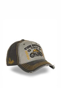 Casquette de baseball en tissu gris et noir avec coutures jaunes. Caractérisée par un logo "Von Dutch" brodé et un graphique de moto à l'avant.