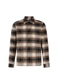 Camicia flanella con bottoni in un motivo a quadri marrone, nero e crema. Presenta un colletto classico e maniche lunghe. Texture morbida con cuciture visibili.