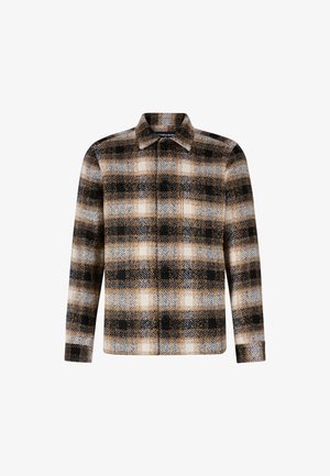 Knopen-overhemd van flanel in een bruin, zwart en crèmekleurig geruit patroon. Heeft een klassieke kraag en lange mouwen. Zachte textuur met zichtbare stiksels.