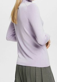 Heller lila, Langarm-Pullover mit Rollkragen aus weichem Strickstoff. Mit gerippten Bündchen und Saum, präsentiert mit einem gefalteten schwarz-weißen Rock.