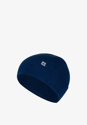 Granatowy dziergany beret o gładkiej fakturze, zaokrąglonej koronie i małej szarej naszywce logo z przodu. Posiada dopasowany krój.