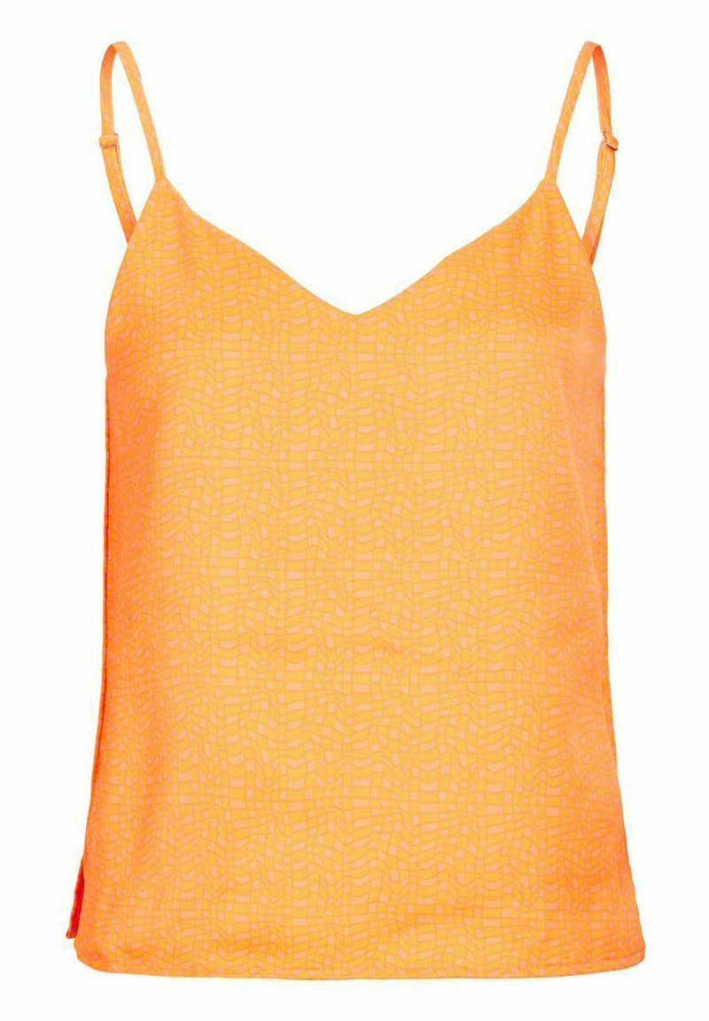 Pomarańczowy top na cienkich ramiączkach; z teksturowanym wzorem małych kwadratów, dekoltem w serek i luźnym krojem dla wygody.
