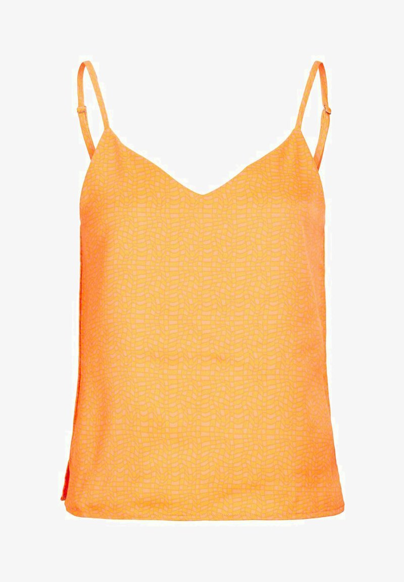 Pomarańczowy top na cienkich ramiączkach; z teksturowanym wzorem małych kwadratów, dekoltem w serek i luźnym krojem dla wygody.