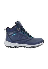 Chaussure de randonnée bleu marine avec semelle blanche, lacets noirs et bleus, maintien rembourré de la cheville et étiquette Hydropel imperméable sur le côté.
