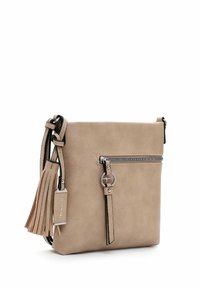 Beige leather crossbody bag with a zippered front pocket, tassel detail, and silver hardware. Features a sleek rectangular shape.