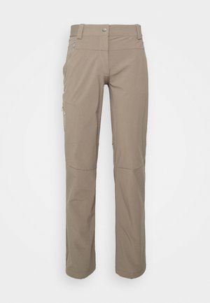 Beige outdoor pants with a straight leg design, featuring zippered pockets, a smooth texture, and reinforced stitching for durability.