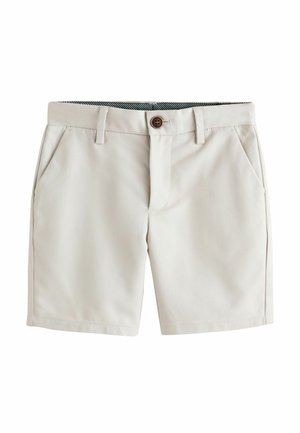 Shorts beige al ginocchio con passanti per cintura, chiusura frontale con bottoni e tasche laterali, mostrati su sfondo bianco.