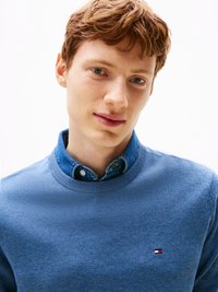 Modra pulover s okroglim izrezom, narejen iz gladkega materiala, prekrit nad denim srajco. Ima majhen logotip na prsih.