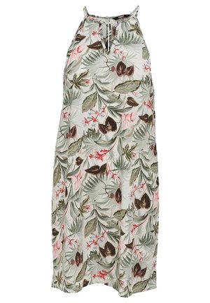 Robe sans manches à encolure américaine avec imprimé feuilles tropicales et fleurs roses sur fond clair, présentant une encolure goutte d'eau et une coupe décontractée.