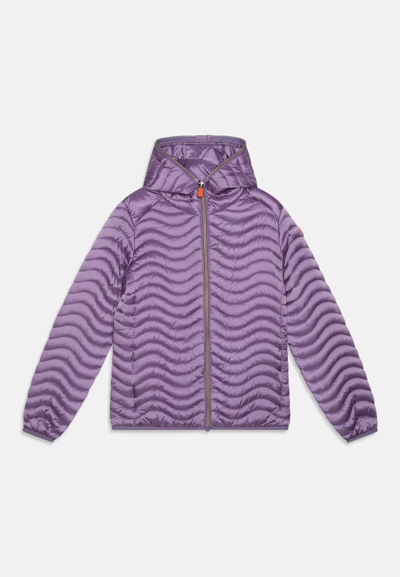 Purple puffer jacket with a wavy quilted texture, hood, and front zipper. Features elastic cuffs and a small orange accent on the shoulder.