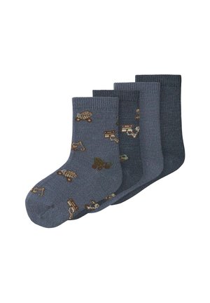 Vier Paare navyblaue Baumwollsocken mit verschiedenen Mustern von Baufahrzeugen in Braun, mit gerippten Bündchen und glatter Textur.