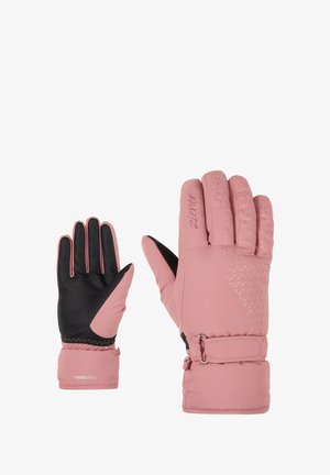 Rosa und schwarze Handschuhe zeichnen sich durch ein weiches Außenmaterial mit gepolstertem Isolierung, einer strukturierten Griffoberfläche auf den Handflächen und einem verstellbaren Handgelenkriemen aus.