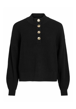 Maglione nero a coste con colletto alto e quattro grandi bottoni decorativi dorati lungo la bottoniera, maniche lunghe a palloncino e polsini aderenti.
