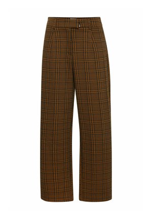 Pantalones de cuadros marrones con un diseño de pierna ancha, que cuentan con una tela texturizada y líneas naranjas contrastantes en un patrón de cuadrícula. Cintura cerrada.