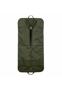 Funda de ropa de color verde oliva con un frente con cremallera, múltiples bolsillos y un asa de transporte. Fabricada con un tejido duradero y de textura suave.