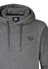 Sudadera gris de tejido suave, con capucha ajustable, bolsillo frontal y un estampado de logo en el pecho. Dobladillo redondeado y detalles de costura.