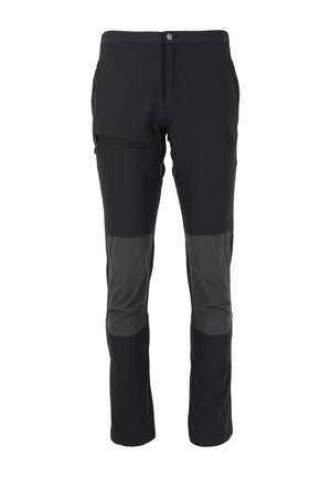 Pantalons d'extérieur noirs en tissu extensible, avec une poche zippée et des panneaux gris contrastants aux genoux pour une durabilité accrue.