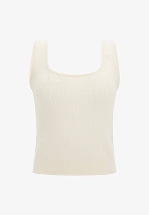 Pleteni bezrukavi top u boji off-white, s kvadratnim izrezom i teksturiranim uzorkom. Suptilan rebrasti rub i debele naramenice.