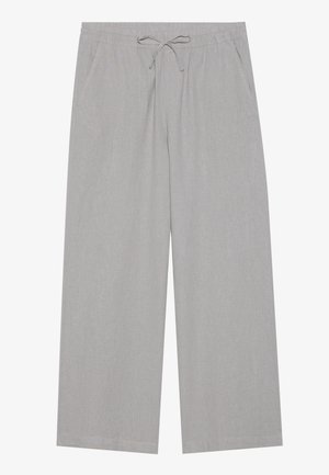 Light grey wide-leg pants made from soft fabric, featuring an elastic waistband with a drawstring and two side pockets.