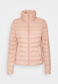 Helle rosa Steppjacke, Reißverschluss vorne, hoher Kragen, gestepptes Design, lange Ärmel, zwei seitliche Taschen, glatte Textur.