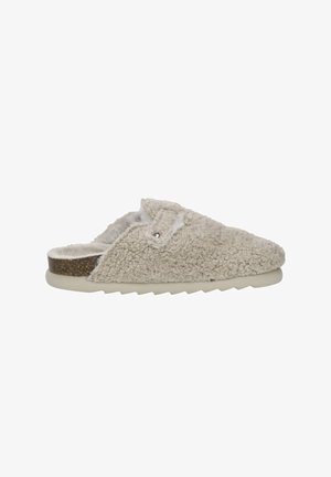 Lichtbeige, fleece-voering instap pantoffel met een textuur aan de buitenkant, ronde teen en een contrasterende glinsterende hiel. Beschikt over een platte zool.