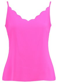 Haut rose sans manches avec encolure festonnée, en tissu lisse. Comprend des bretelles fines et une coupe décontractée. Design simple et uni.