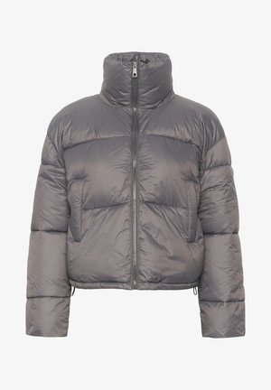 Cropped puffer jacket in dark gray, featuring a high collar, front zipper, and two horizontal zippered pockets on the chest.