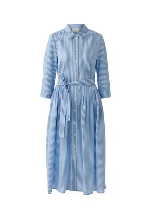 Hellblau-weiß vertikal gestreiftes Midi-Hemdkleid mit langen Ärmeln, durchgehender Knopfleiste, Kragen und gebundenem Taillengürtel.
