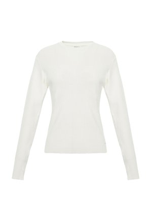 Pull blanc à manches longues avec une texture côtelée, un col rond et un design ajusté. Présente des détails de couture subtils sur le corps.