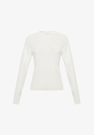 Weißer Pullover mit langen Ärmeln, geripptem Muster, runder Halslinie und tailliertem Design. Verfügt über dezente Nähte auf dem Körper.
