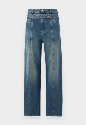 Bredbenede blå denimjeans med høj talje, dobbelte knapper foran, bæltestropper og falmede lodrette sømme på hvert ben.