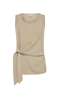 Beige mouwloze top van linnen, met een ronde halslijn en een geknoopt detail aan de taille, met een gladde textuur en een ontspannen pasvorm.