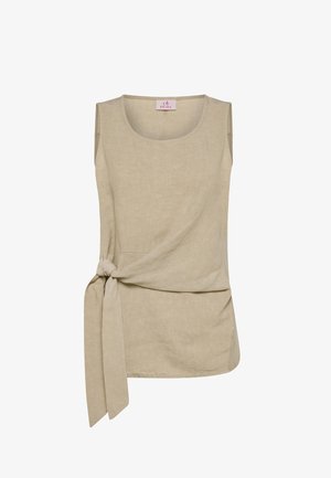 Beige mouwloze top van linnen, met een ronde halslijn en een geknoopt detail aan de taille, met een gladde textuur en een ontspannen pasvorm.