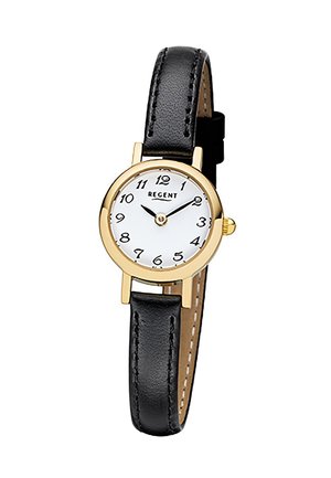 Montre-bracelet en métal doré avec un cadran blanc, des chiffres arabes et un bracelet en cuir noir mince. Design simple avec une texture lisse.