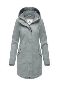Szary płaszcz wełniany z kapturem, z zamkiem błyskawicznym z przodu, dwoma bocznymi kieszeniami oraz szczegółami rękawów w prążki. Wnętrze podszewki w kontrastowym kolorze.