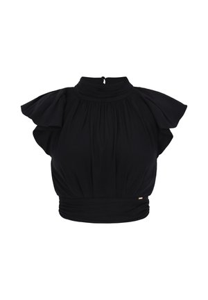 Sort højhalset bluse med flæset korte ærmer og detaljer ved den smalle talje, med en lille knaplukning bagpå.