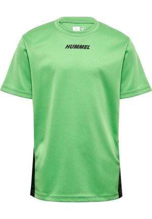 Grøn kortærmet sports skjorte lavet af glat, åndbart stof. Har sorte detaljer på siderne og "HUMMEL" logo i sort på forsiden.