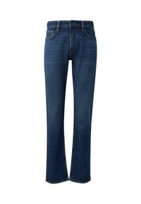 Dunkelblaue Jeans aus Denim mit geradem Bein, klassischem Fünf-Taschen-Stil und Knopfverschluss in der Taille. Dezente Nähte.