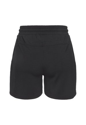 Pantalones cortos deportivos negros, con una cinturilla elástica, textura suave y sin patrones ni detalles visibles en la parte trasera.