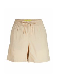 Ljusbeige shorts tillverkade av mjukt tyg med resårmidja och justerbar dragsko. Har sidofickor och en avslappnad passform.