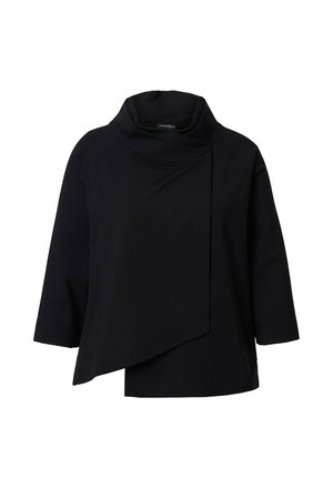 Zwarte top met lange mouwen en een hoge col met opstaande kraag, asymmetrische zoom en een gladde textuur, met minimalistische ontwerpdetails.