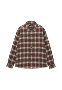 Braun-weiß kariertes, langärmeliges Hemd mit Knöpfen und Kragen, flach auf einem weißen Hintergrund liegend.