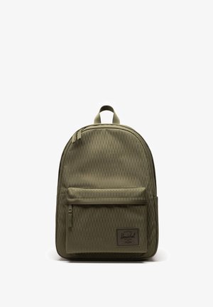 Sac à dos Herschel vert olive avec motif losanges, poche zippée à l'avant, poignée supérieure et écusson logo sur la poche avant inférieure.