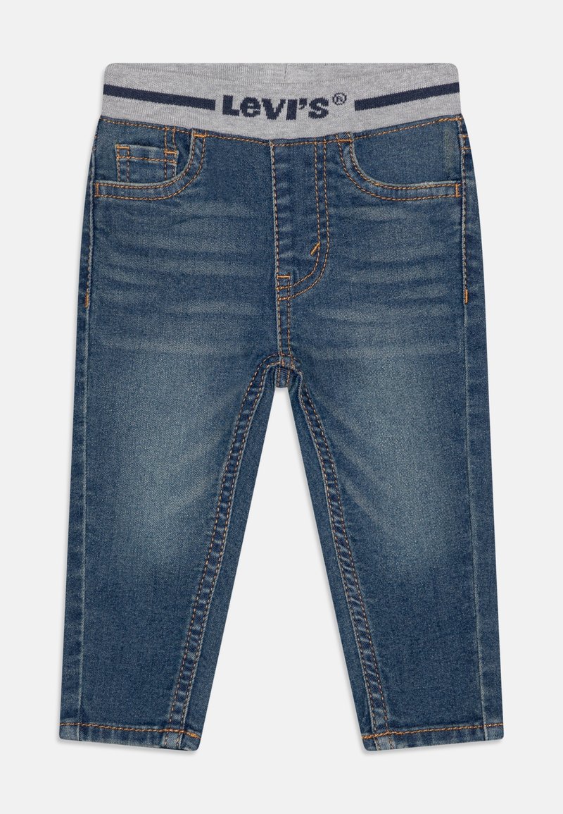 Blaue Denim-Jeans mit einem grauen elastischen Bund, charakterisiert durch ein Fünf-Taschen-Design und kontrastierende orangefarbene Nähte. Klassische gerade Passform.