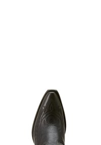 Bota de vaquero de cuero negro con punta afilada, decorada con intrincados patrones florales grabados en el caña y un borde cosido.
