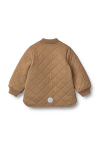 Veste matelassée marron clair avec un col et des poignets côtelés, dotée d'un détail de logo circulaire au dos et d'un ourlet arrondi.