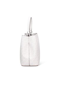 Sac à main blanc avec un motif géométrique, matériau à texture lisse, forme arrondie, et une poignée courte fixée avec une quincaillerie argentée.