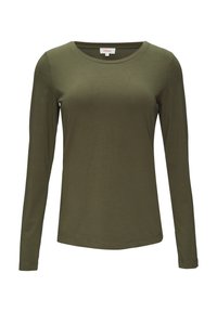 Olijfgroene longsleeve shirt van zacht katoen. Heeft een ronde hals en een rechte zoom. Eenvoudig, getailleerd ontwerp zonder patronen of accenten.