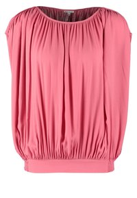 Różowa, luźna bluzka z okrągłym dekoltem i ściąganym elastycznym dołem. Wykonana z gładkiego materiału z delikatnym drapowaniem i krótkimi rękawami.