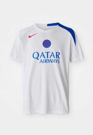White Nike T-shirt featuring blue accents on the shoulders, red logo, and "QATAR AIRWAYS" printed in blue on the front. Textured fabric.